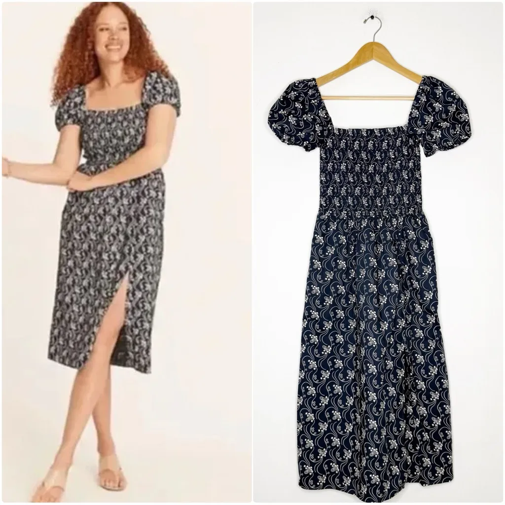 J.Crew Smocked Puff-Sleeve Midi Dress Navy Floral XXS - Image 2