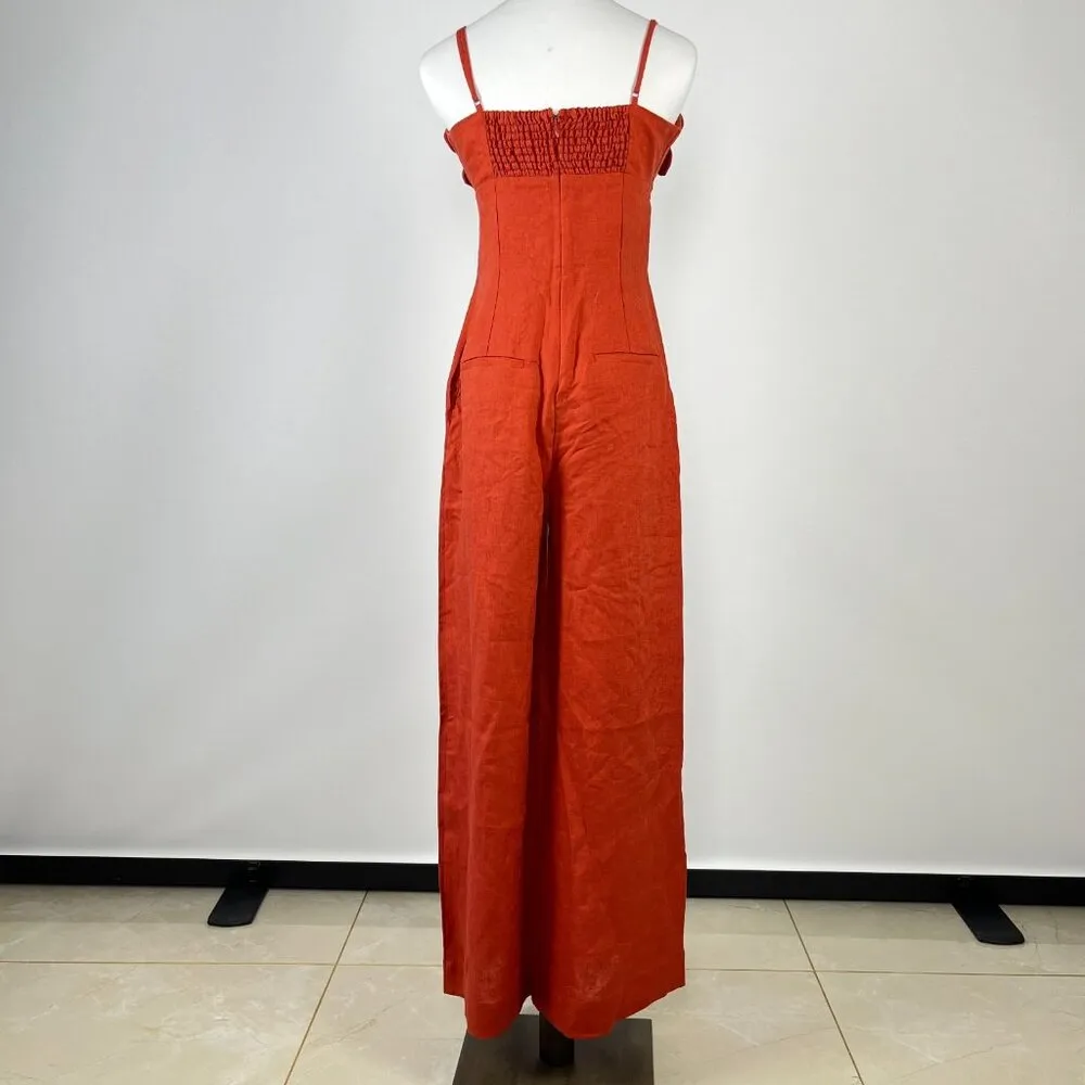 NWT Farm Rio Red 3D Petals Bodice Euroflax Premium Linen Jumpsuit Sz S Wide-Leg - Image 9