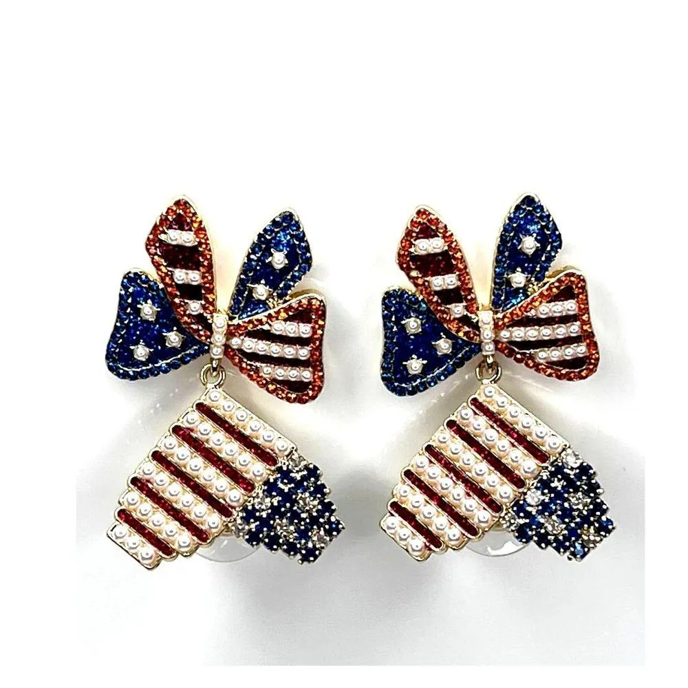 NEW BaubleBar Patriotic EARRINGS Dangle Drop Red White & Blue Bows Hearts Pearls - Image 2