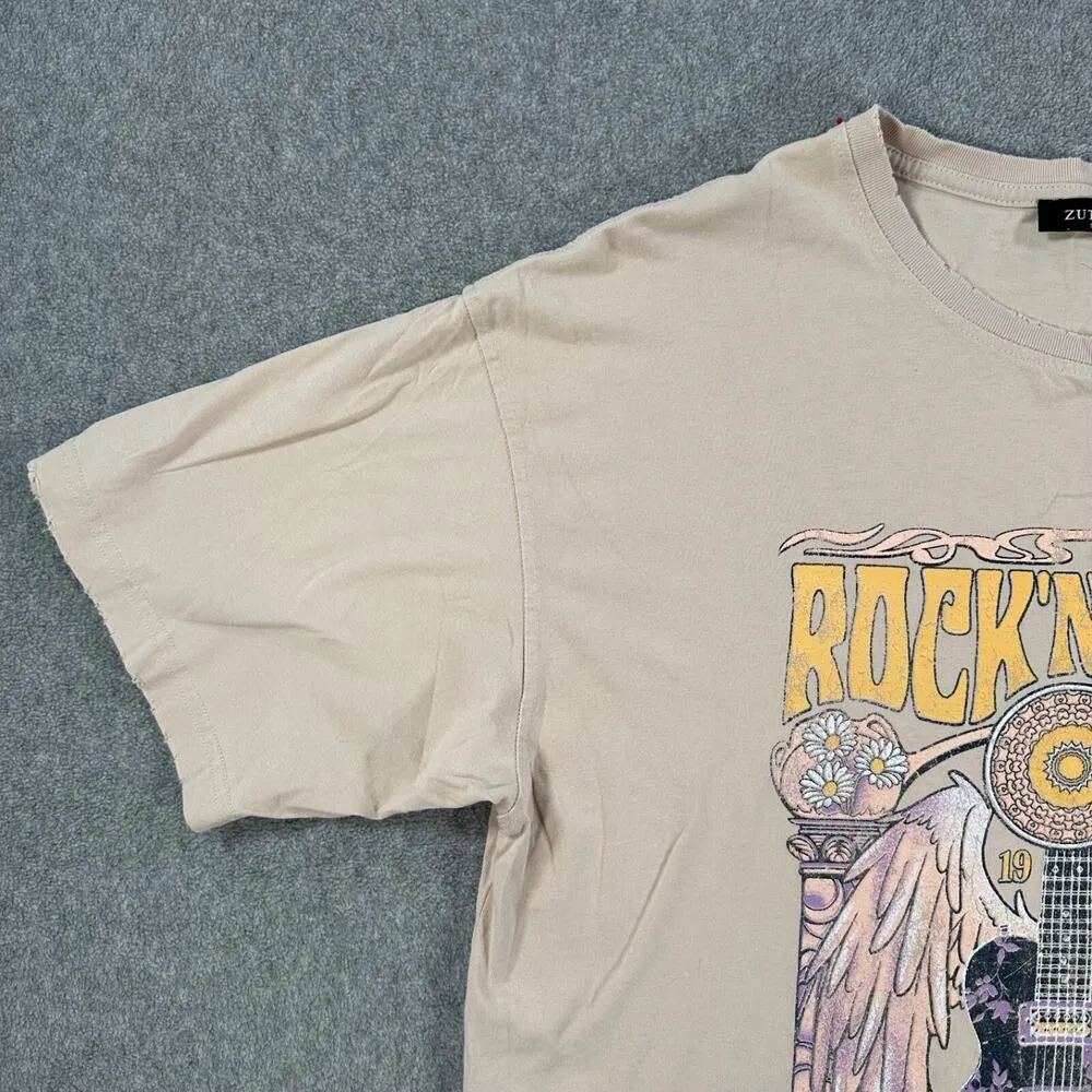 Zutter Short Sleeve Rock N Roll Graphic Tee Shirt Size Small/Medium Distressed Tan - Image 3