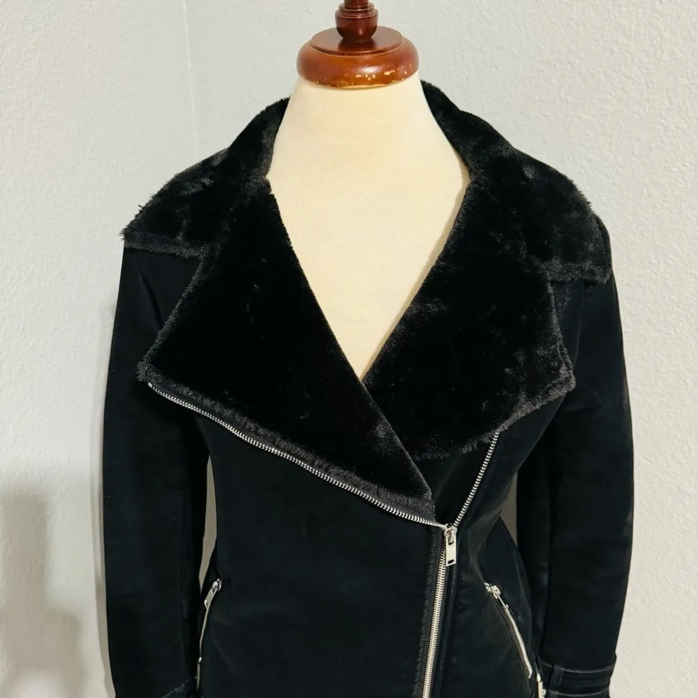 Missguided Women Black Faux Fur‎ Lined Aviator Pilot Cozy Winter Jacket Size 2 - Image 2
