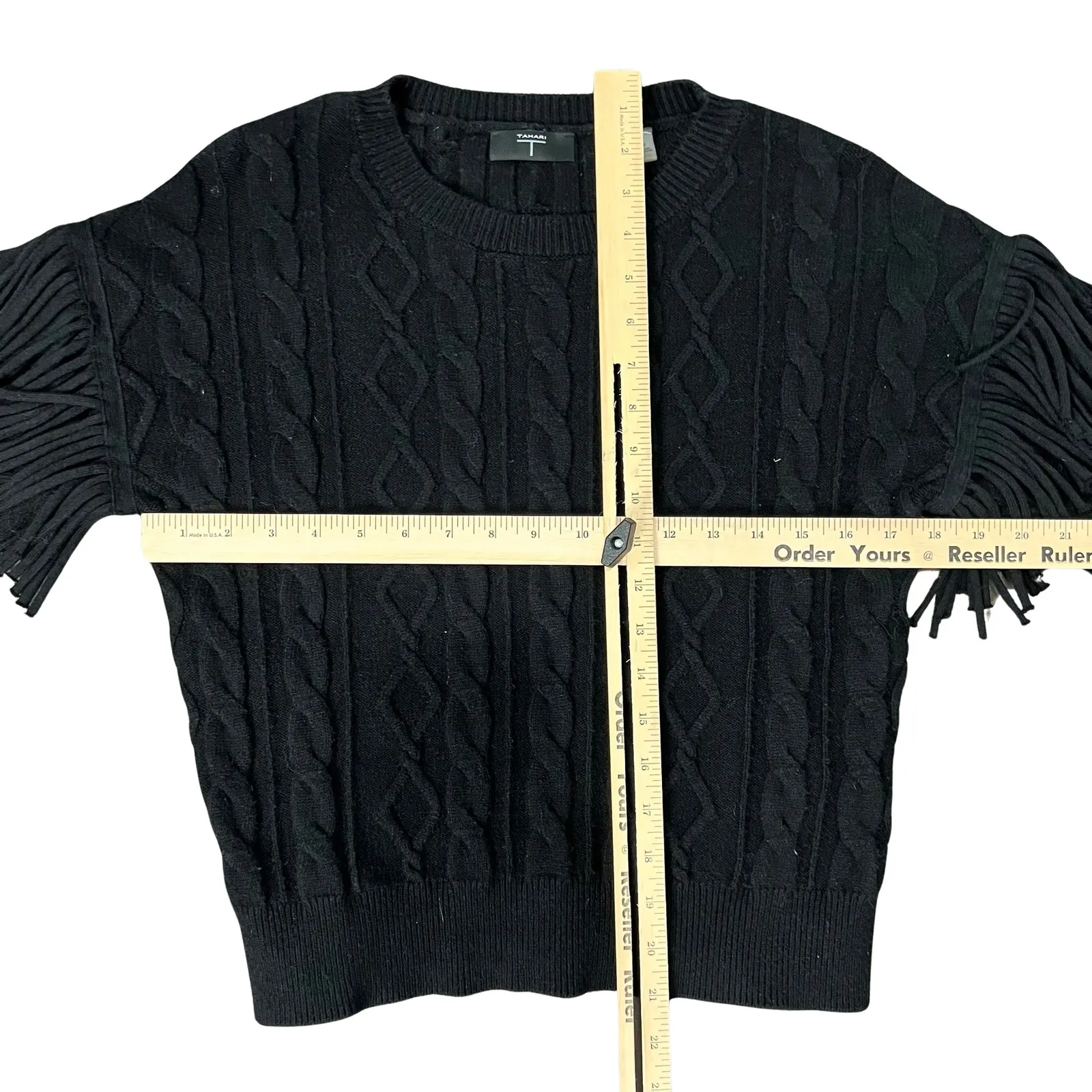 T Tahari Black Fringe Cable Knit Round Neck Sweater Size S Ribbed Cuffs Hem - Image 10