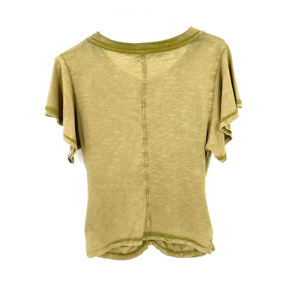 Anthropologie Pilcro Short Flutter Ruched Khaki Green Cotton T Shirt Top - Image 3
