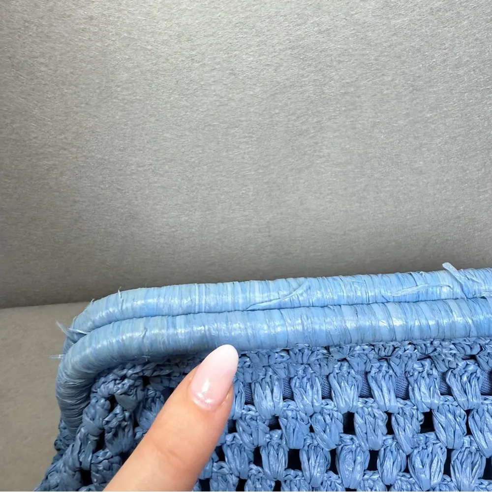 Loeffler Randall Blue Crochet Raffia Trudie Frame Clutch Gold Chain Purse Bag - Image 15