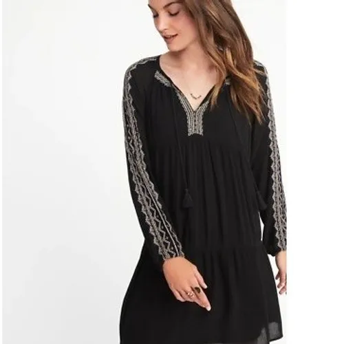 Old Navy Embroidered Gauze Tassel Tie Mini Dress Women's Large Black Boho Hippie - Image 2