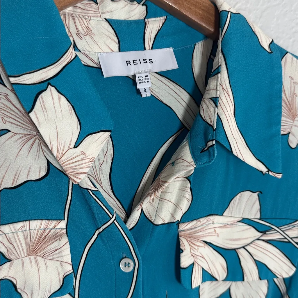 Reiss Tida Shirt Dress Teal Blue Floral Belted Long Sleeve Lunch Brunch Casual - Image 7