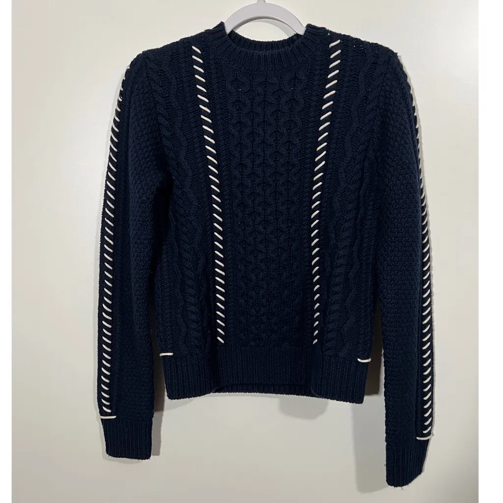 La Ligne New York Cable Knit Fisherman Sweater Navy Blue Size XS 100% Wool - Image 2