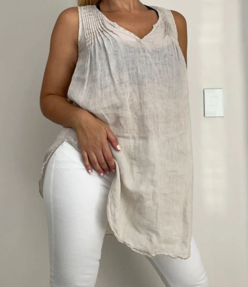 Calypso St. Barth Linen Sleeveless Cream Tunic Top - Image 67