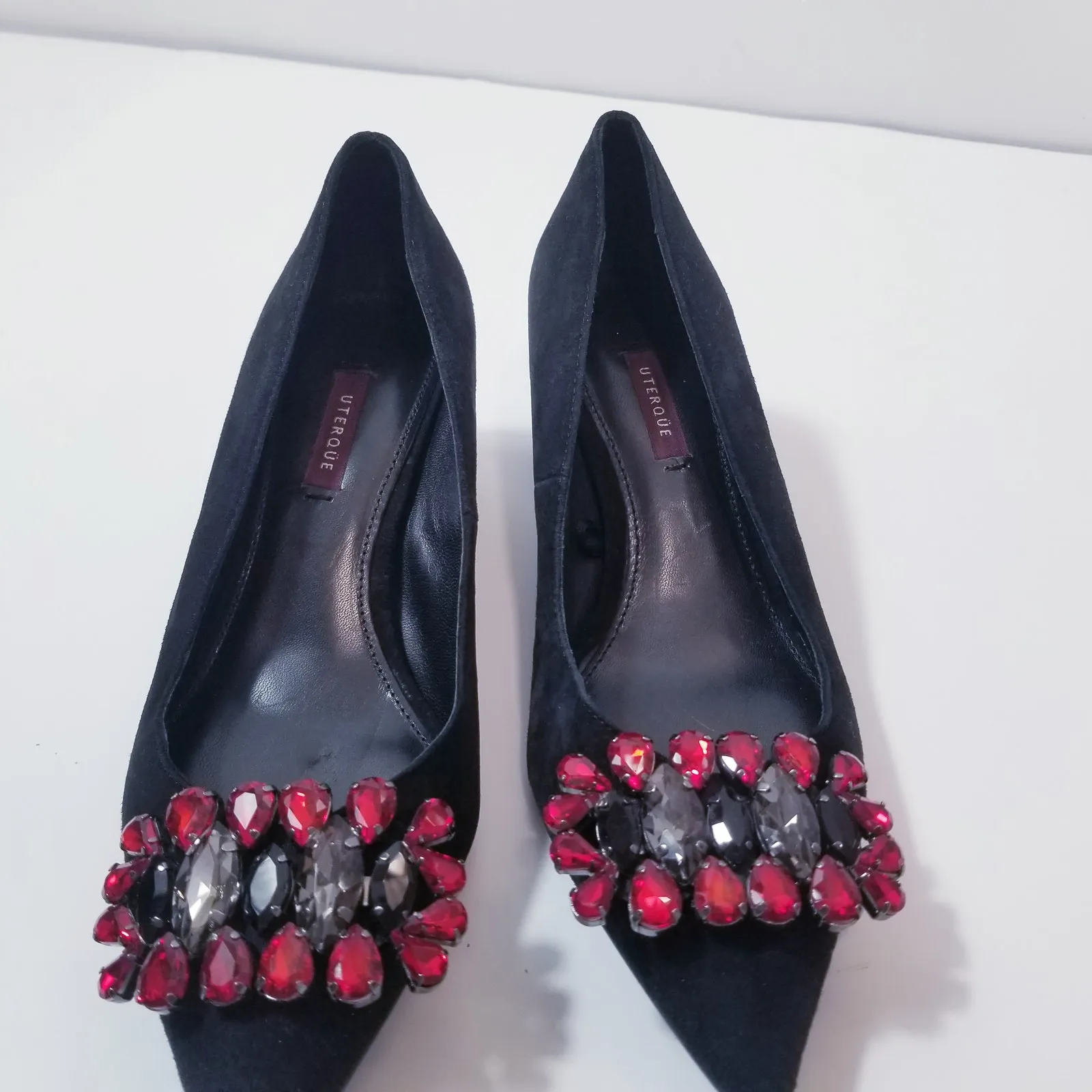 Uterque Black Suede Jeweled Rhinestones Pointy Toe Blocked Heels Size 7 - Image 9