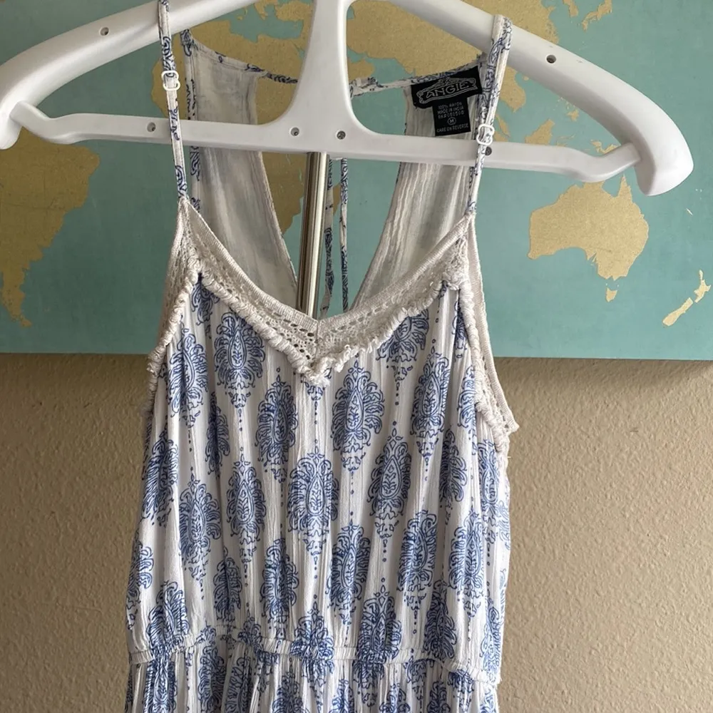 White and blue maxi summer dress floor length ruffled tier skirt crochet detail - Image 3