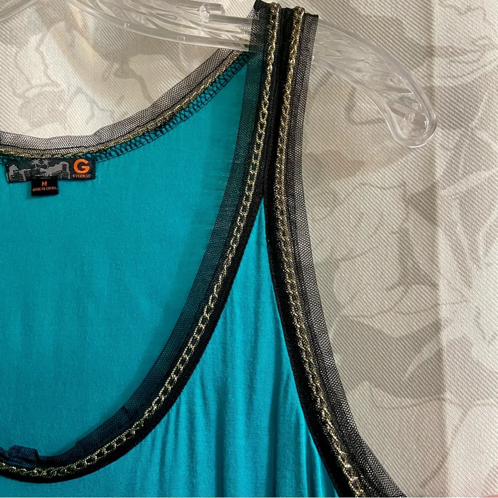 Y2K Vtg Guess Aqua Green Chain Detail Going Out Top M Medium Black Mesh Gold - Image 3