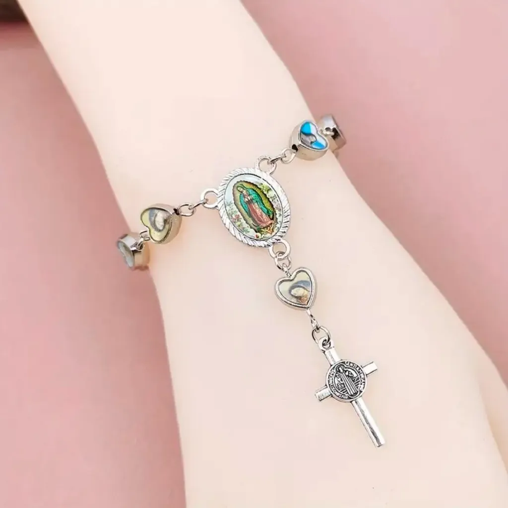 Lovely Heart Shaped Cross Pendant Rosary Bracelet, Virgin Charm Silver‎ Plated Silver - Image 10