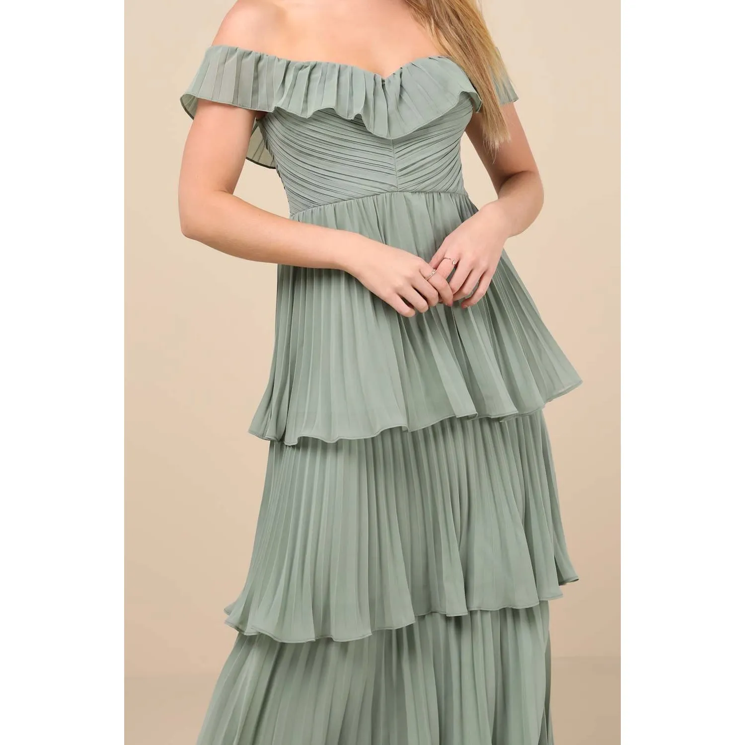 NWT Lulus Always Remarkable Sage Brush Pleated Off-the-Shoulder Maxi Dress Sz M - Image 4