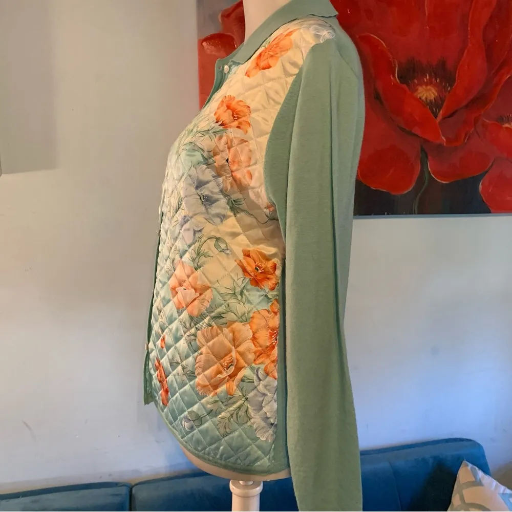 BALLA VALENTINA 38 4/6 Quilted Silk Charmeuse Floral Wool Silk Cardigan Sweater - Image 3