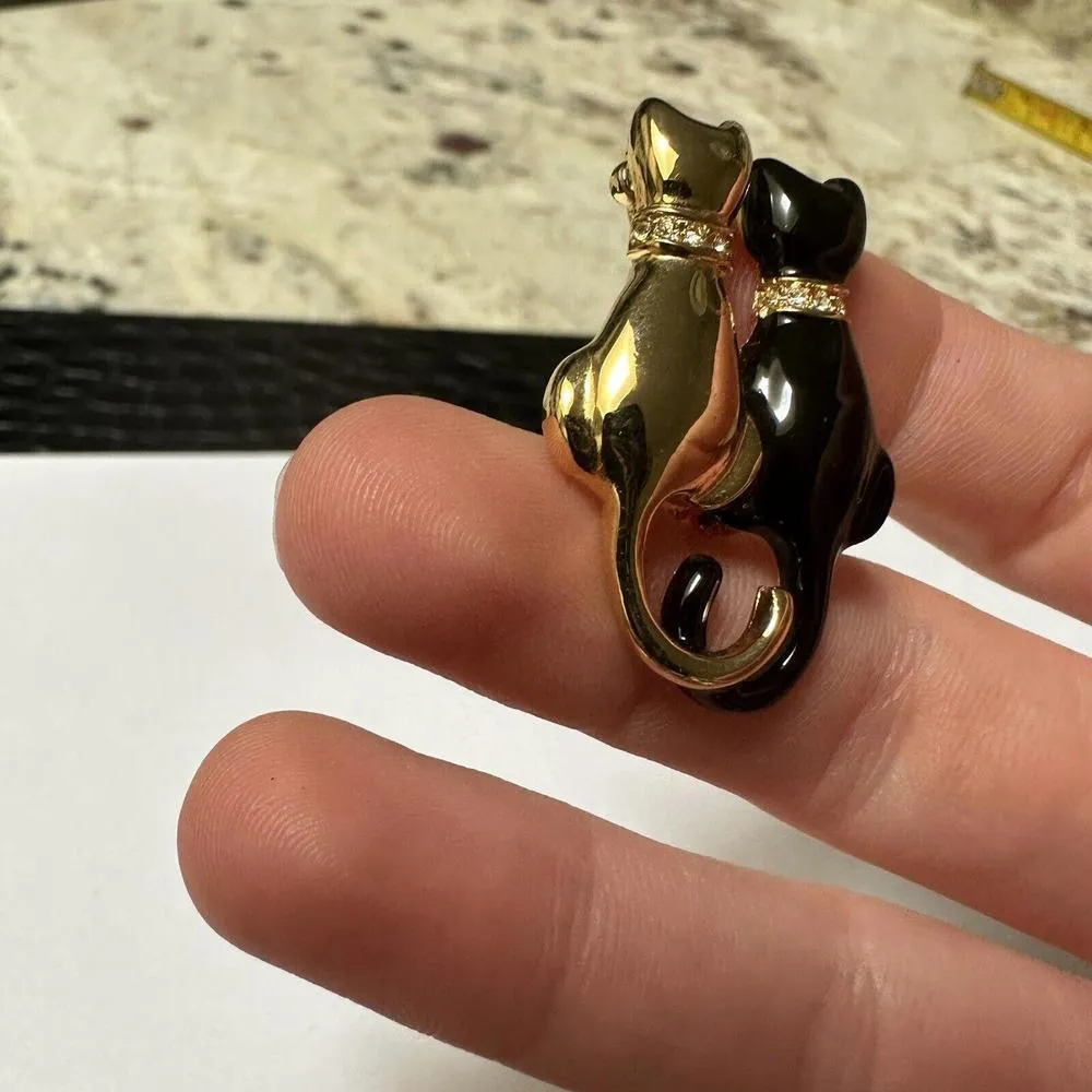 Rhinestone Gold Tone & Black Enamel Brooch Pin Kitty Cat Couple - Image 4