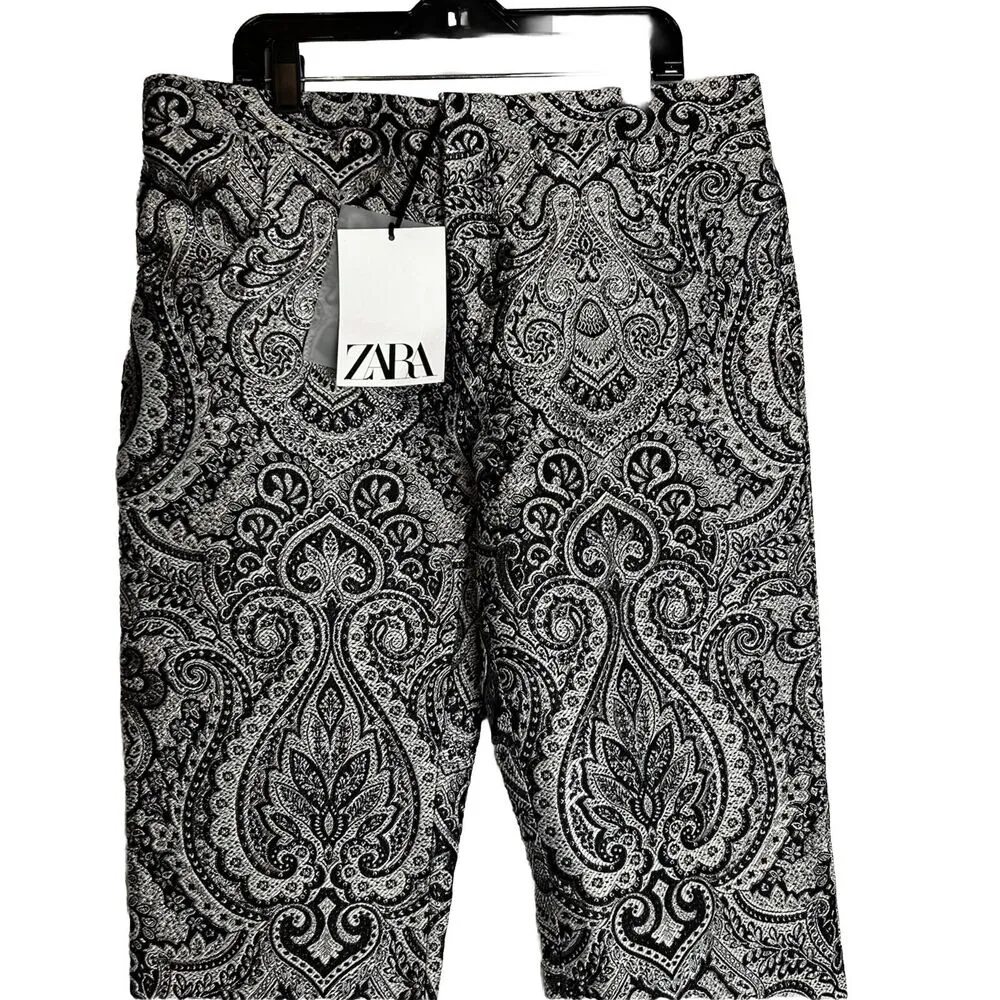 ZARA Pants Womens Medium black silver jacquard Flared Leg Slit Ankle Boggles Fav - Image 2