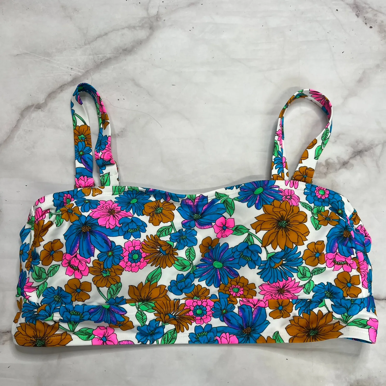 California Waves Wallpaper Floral Bandeau Bikini Top Size 1X Multi Straps New - Image 2