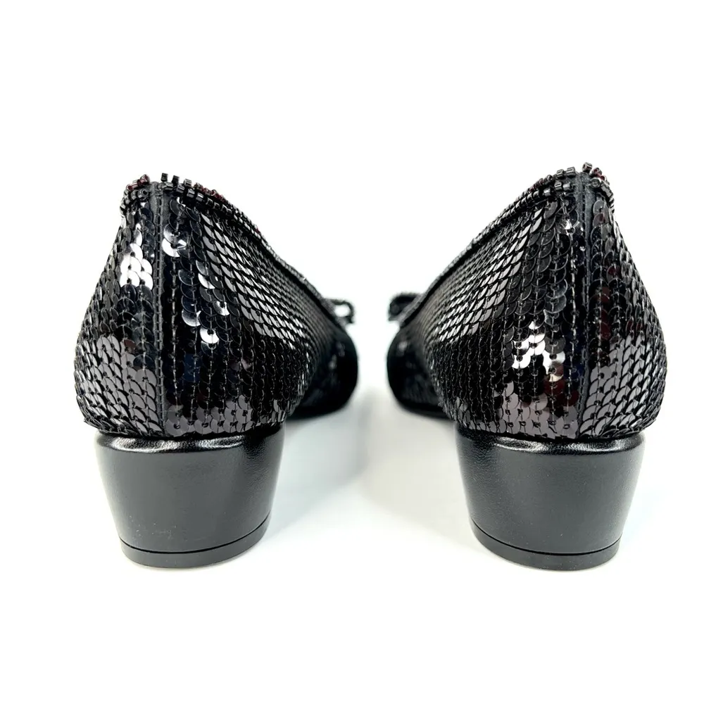 SALVATORE FERRAGAMO Vara Bow Black Sequin Block Heel Ballet Pumps Size 5.5 - Image 5