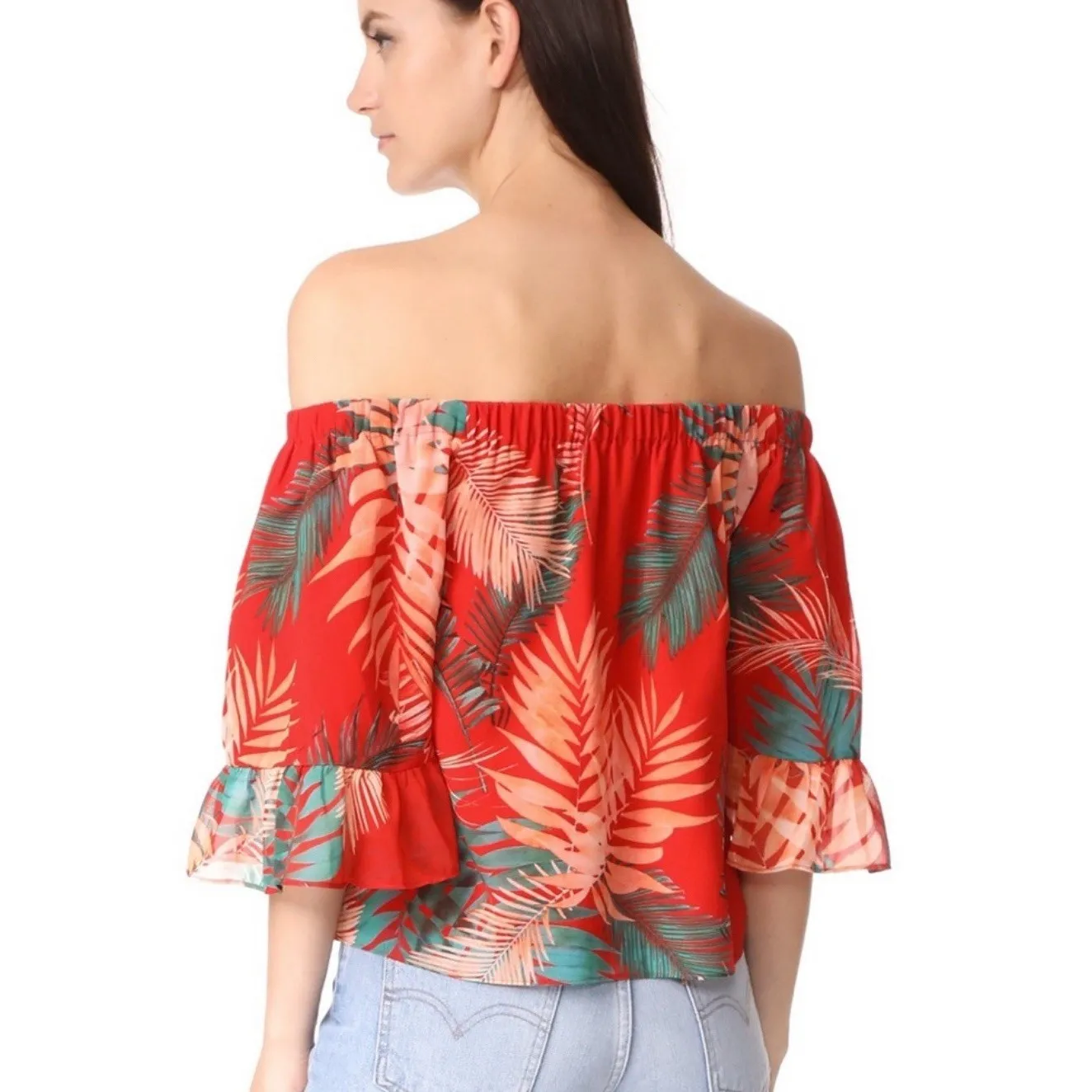 Rebecca Minkoff Women's Red Floral Faith Off‎ Shoulder Top Size Large Tropical - Image 2