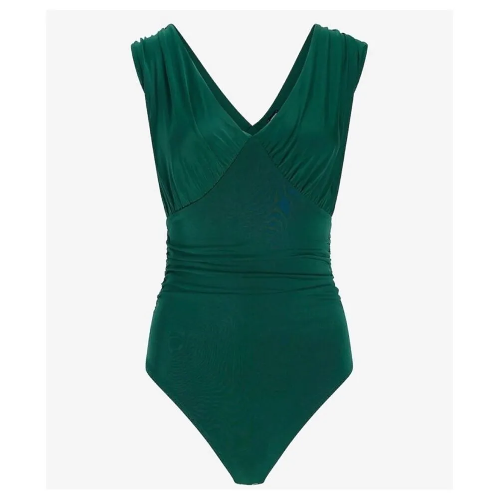✨EXPRESS Green Body Contour Double Layer Empire V Neck Sz XS Bodysuit✨ - Image 3