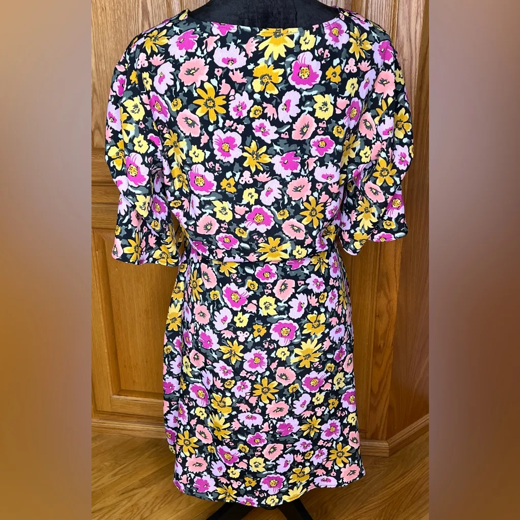 Topshop Floral‎ Print Wrap Front Tie Waist Bell Sleeve Angel Mini Dress Size 6 - Image 10