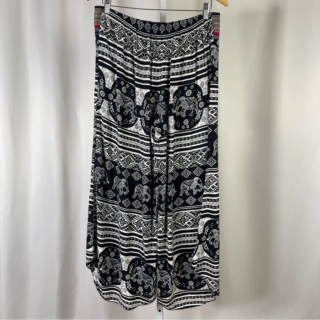 Thread Story Large Chic Elephant Print Wide Leg Palazzo Pants Vacation Boho Black - Image 2