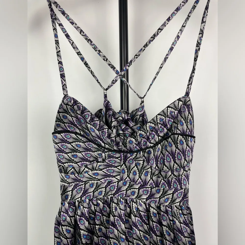 Anne Leman Black Purple Peacock Feather‎ Print Strappy 100% Silk Flowy Dress Size 2 - Image 2