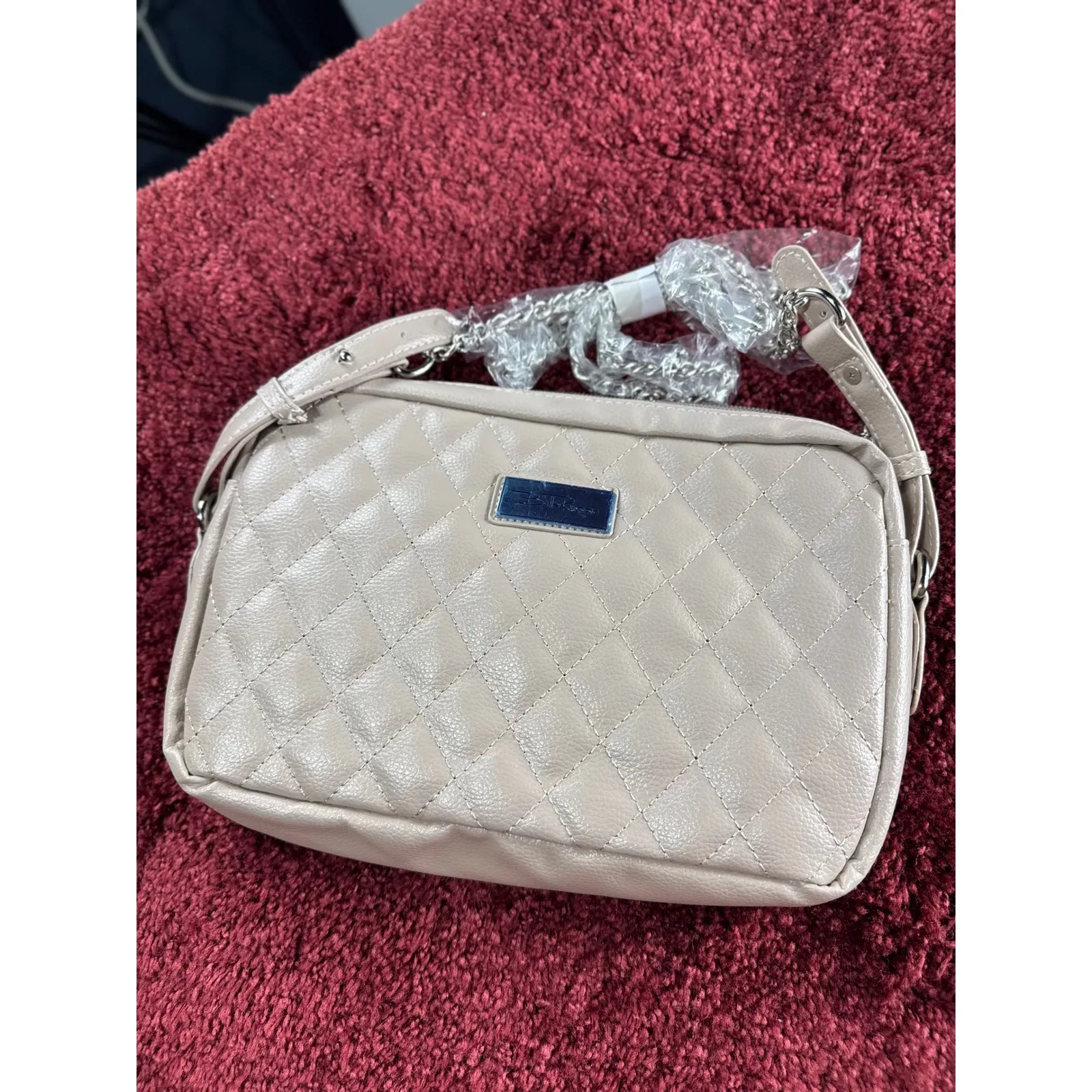 Bella Russo Quilted Crossbody Bag Chain Strap Neutral Beige Purse Tan - Image 4