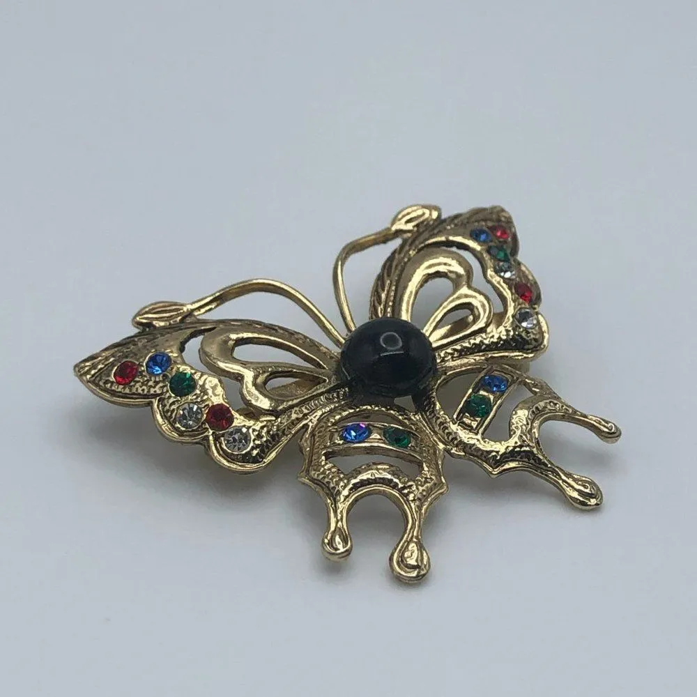 Vintage Butterfly Brooch Jelly Belly Cabochon Gold Multicolored Rhinestone - Image 2