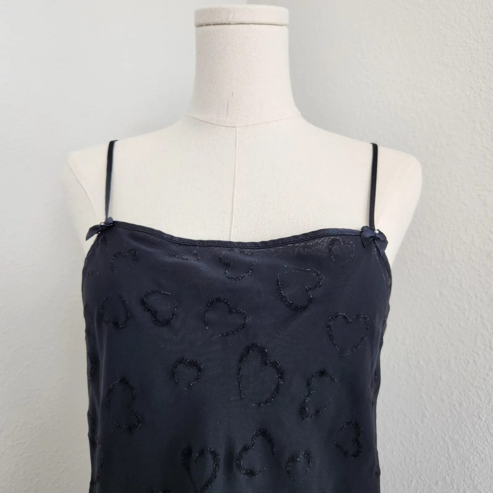 90s Y2K Black Velvet Burnout Heart Slip Dress Mini Lined Spaghetti Strap XS - Image 2