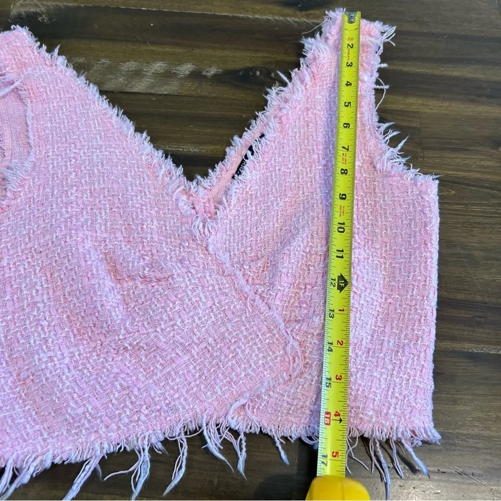 Zara Pink Tweed Top Tank Crop Cropped Fringe S - Image 6