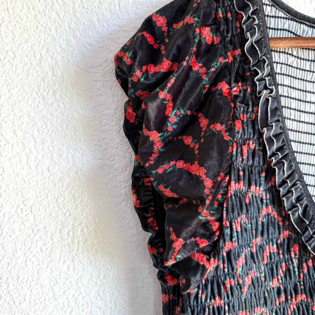 NWT Free People Womens Dress Black Red McKenna Smocked Floral Midi Size Large - Image 6