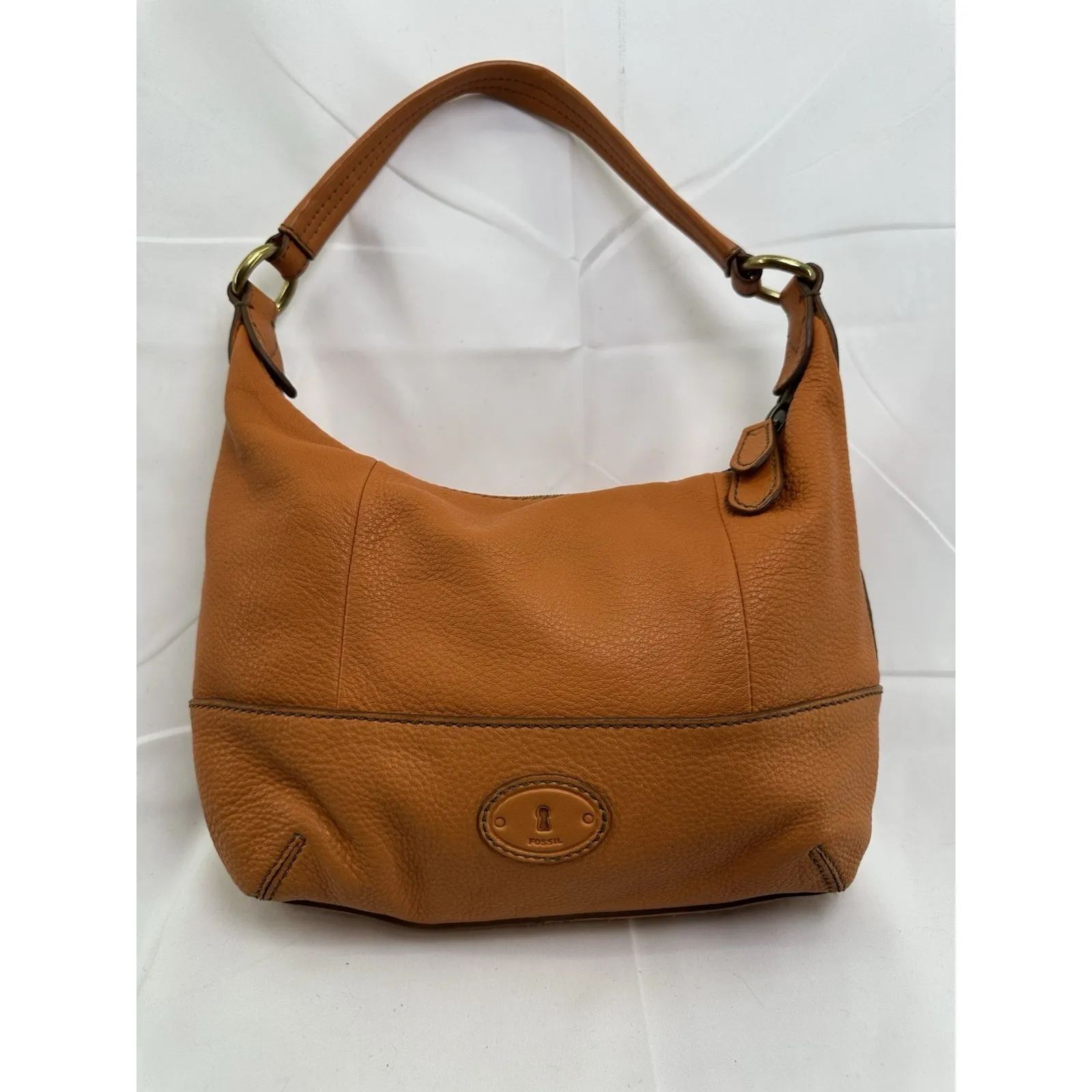 Fossil Vintage Rust Orange Cowhide Leather Zipper Hobo Pouched Shoulder Bag - Image 4