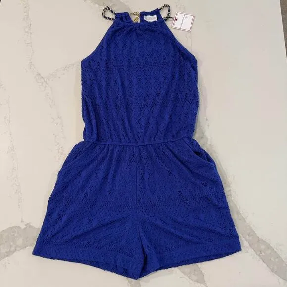 Bisou Bisou NWT Royal Blue Crochet HighNeck Gold Chain Romper Womens Size Medium - Image 2
