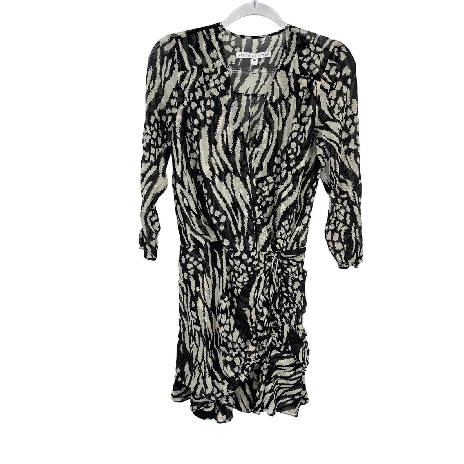 VERONICA BEARD Kiran Ruched Long Sleeve Flounce Dress Womens 12 Black White Silk - Image 2