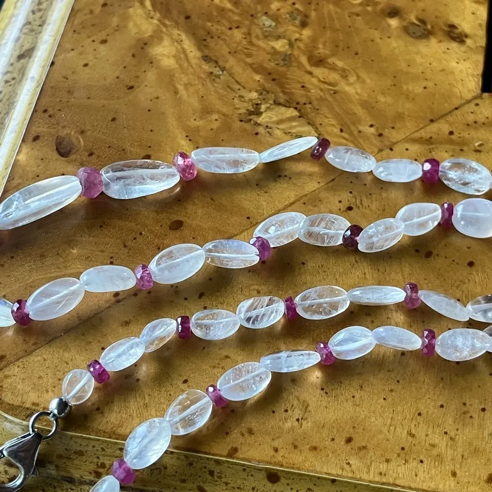 Natural Rainbow Moonstone Ruby Sterling Silver Beaded Necklace - Image 8