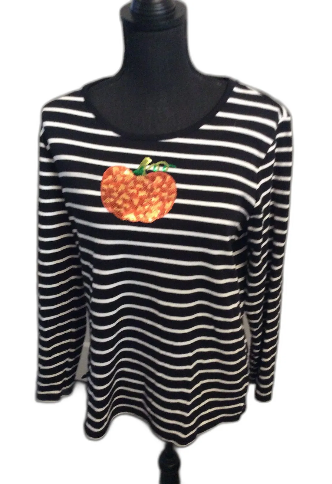 Quacker Factory Fall Halloween Bling Pumpkin Striped Top Medium M Vintage - Image 1