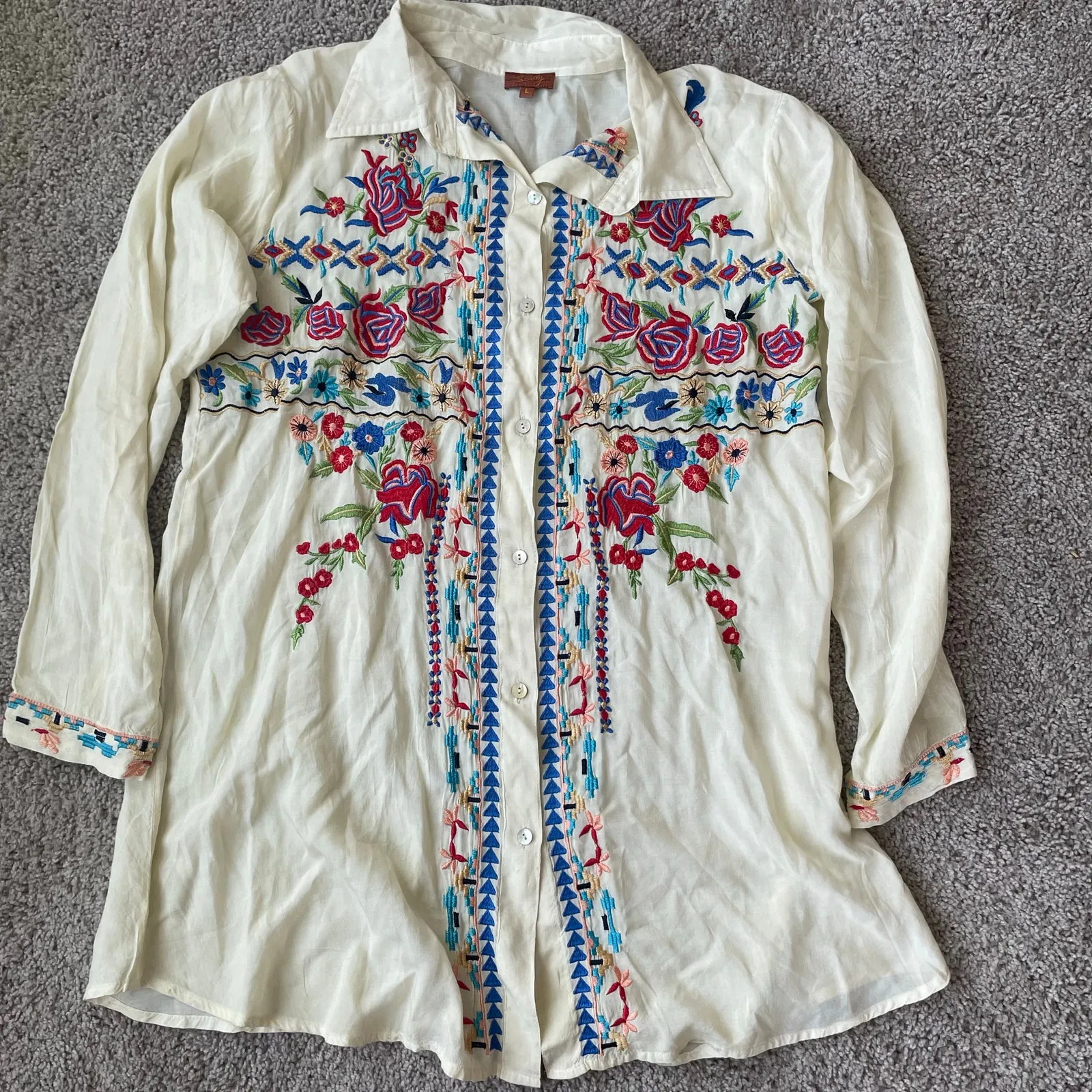 Scully Embroidered Long Sleeve Button Down Top Womens L Cream Size L - Image 14