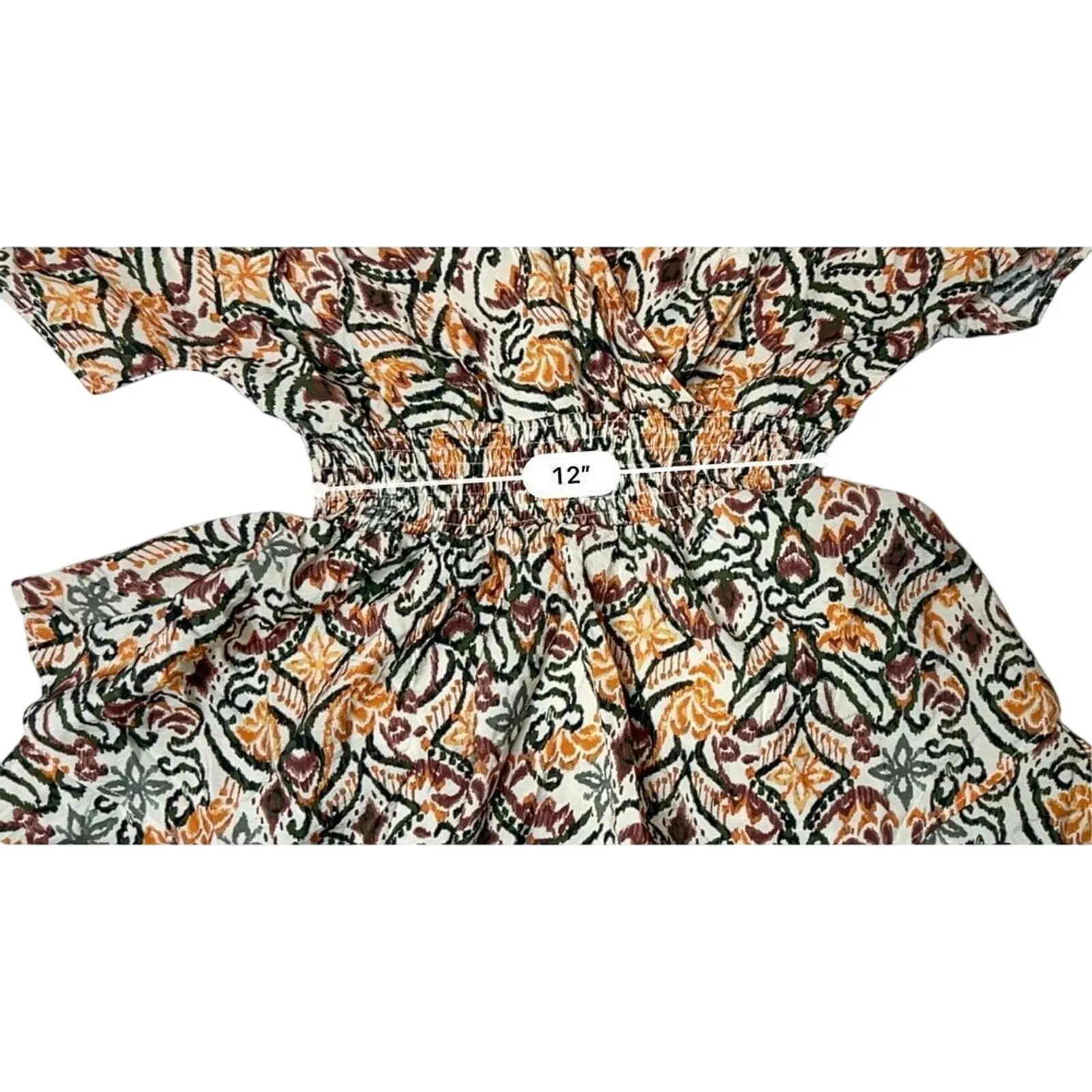 Zara AOP Ikat Print Tiered Elastic Waist Dress Tan Green Tribal MEDIUM Boho Chic - Image 7