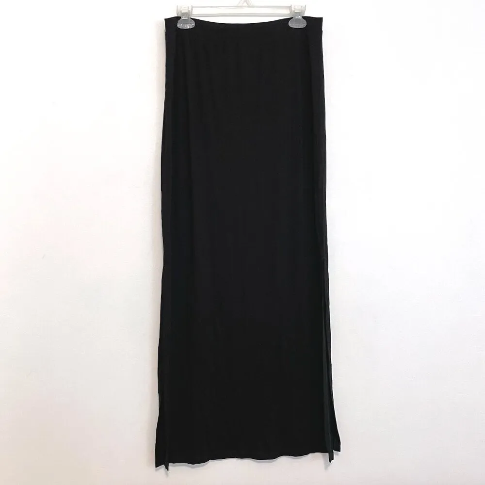 WHITE HOUSE BLACK MARKET WHBM Knit Maxi Skirt Solid Black Elastic Waist 2 Slits - Image 3