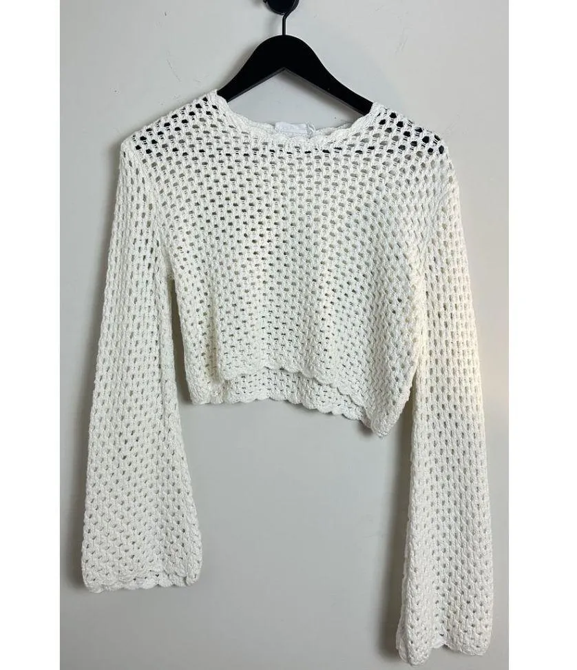 ALL IN FAVOR Open Stitch Cotton Sweater in White Size Small - Image 2