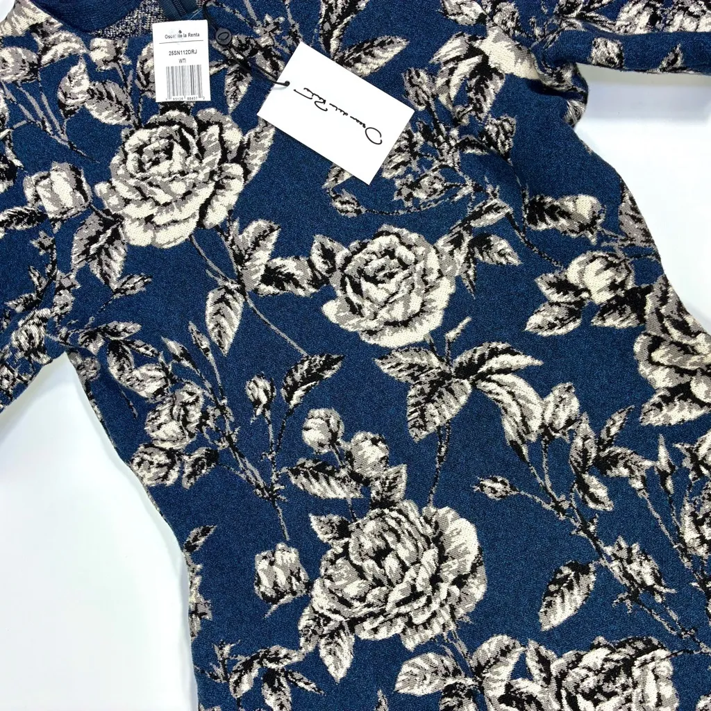 Oscar de la Renta Rose Printed Jacquard Dress Indigo White Medium NWT 25SN112DRJ - Image 8