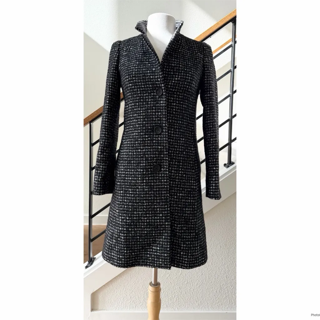 Cinzia Rocca Tweed Houndstooth Coat Wool Blend Size 2 Black - Image 2