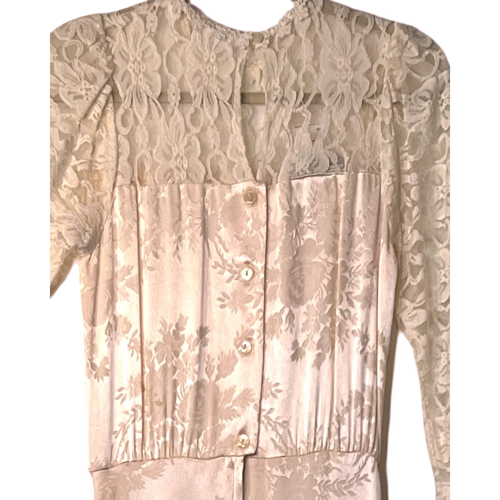 Vintage JESSICA McCLINTOCK Dress Size 4 Pink Satin White Lace Long Sleeve RARE - Image 4