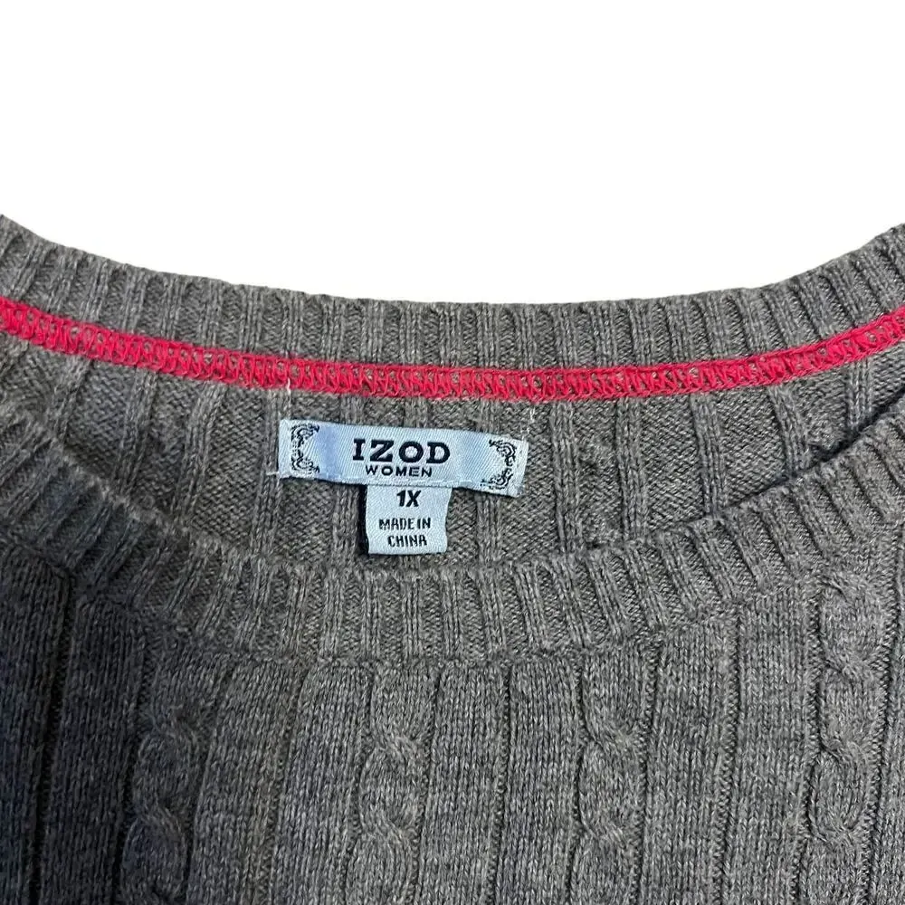 IZOD Women's Cable‎ Knit Sweater 1X Gray Crew Neck Pullover - Image 3