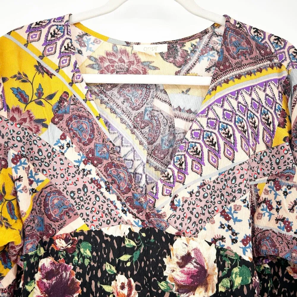 Oddy Womens Boho Peasant Artsy Mixed Floral Long Sleeve Peplum Top Blouse Size S - Image 2