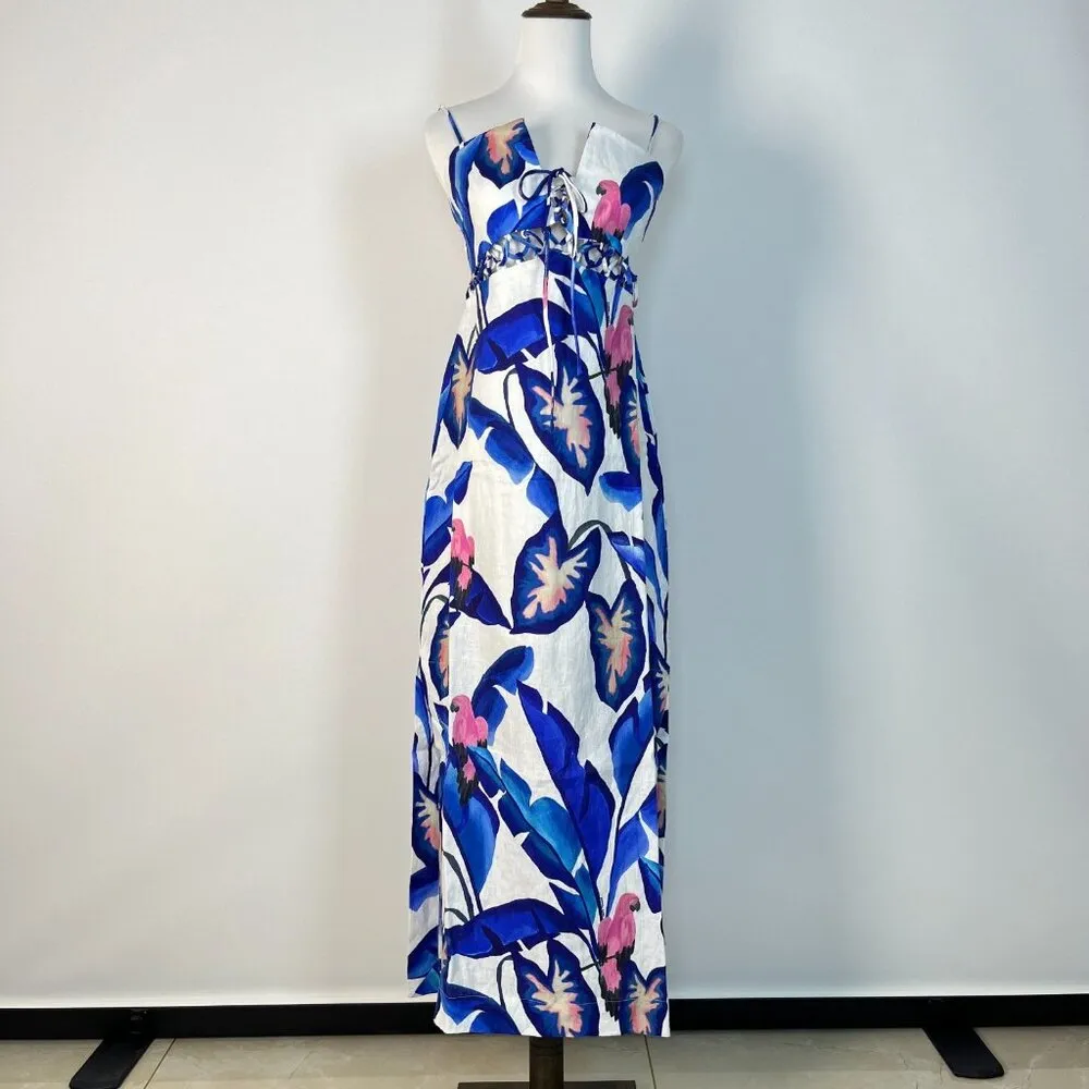 NWOT FARM RIO Linen Off-White Blue Foliage Maxi Dress Size L - Image 6