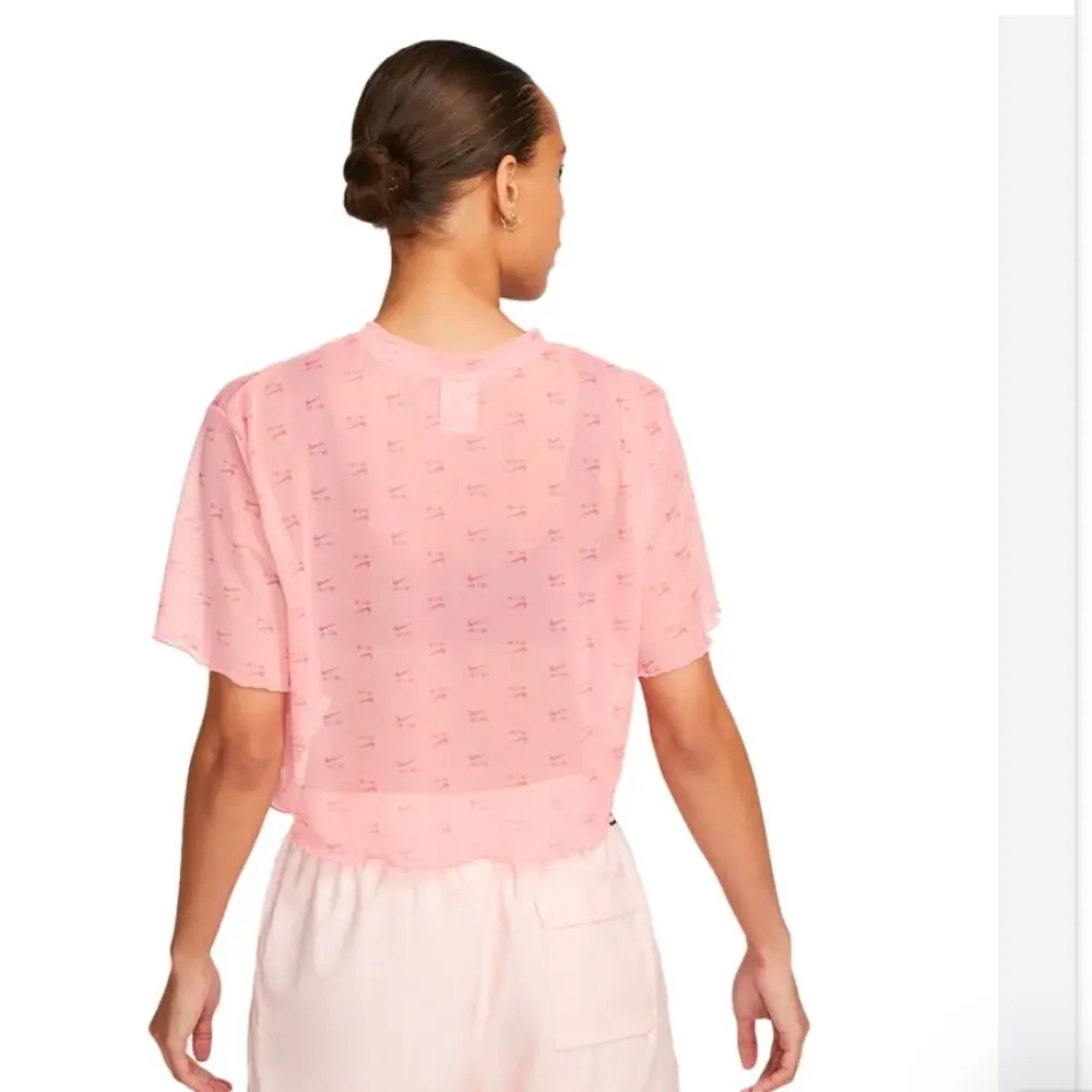 NWT Nike Air Mesh Crop Top DV8245-611  Pink Logo AOP Lettuce Edge Hem Sheer - Image 3