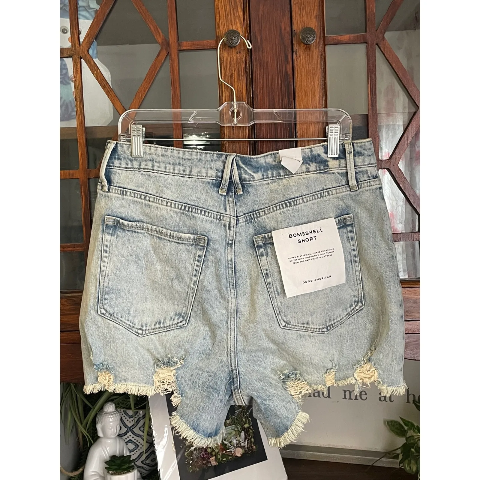 Good American Bombshell Denim Distressed Frayed‎ Hem High Rise Shorts Size 14 32 - Image 2