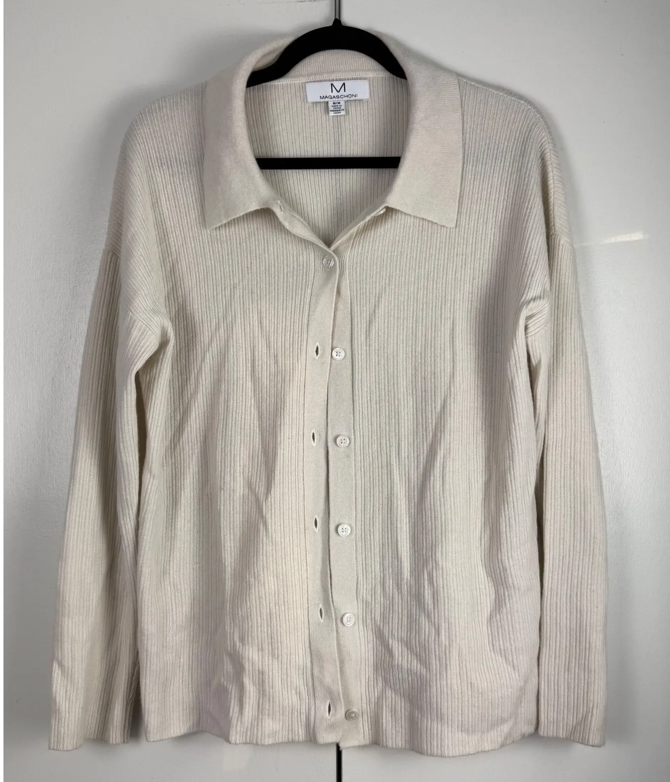 Magaschoni Cream Ribbed 100% Cashmere Collared Button Front Sweater Top M - Image 1